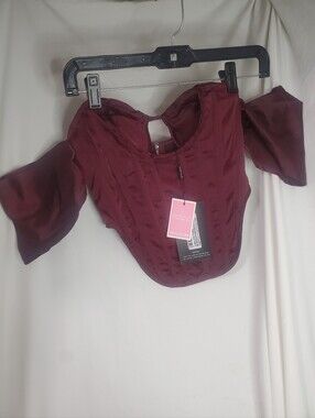 Pretty Little Thing Corset Top Plum Red Satin Underbust Festival Off Shoulder